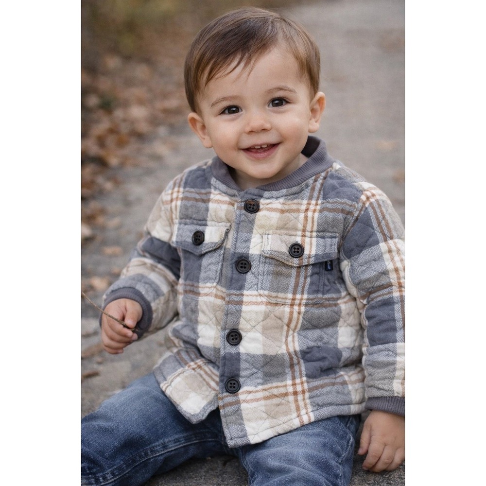 Baby B'gosh Quilted Plaid Jacket‎ 12M Gray Tan Button Front Boys
